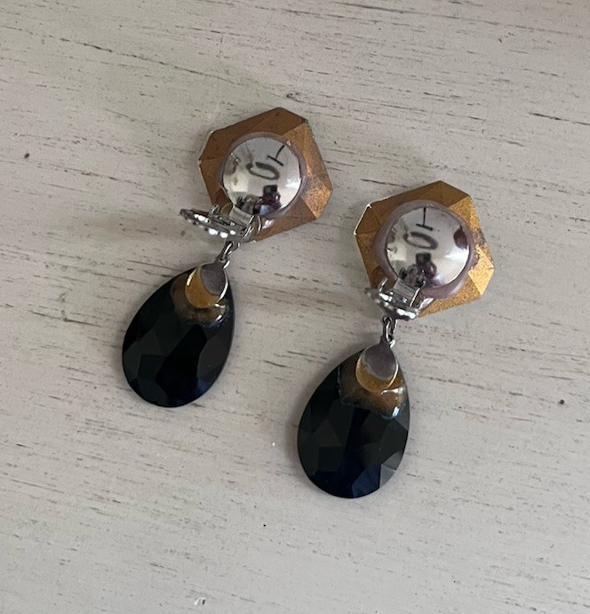 Vintage Glass Black Clear Faceted Crystal 2.5” Statement Drop Clip On Earrings