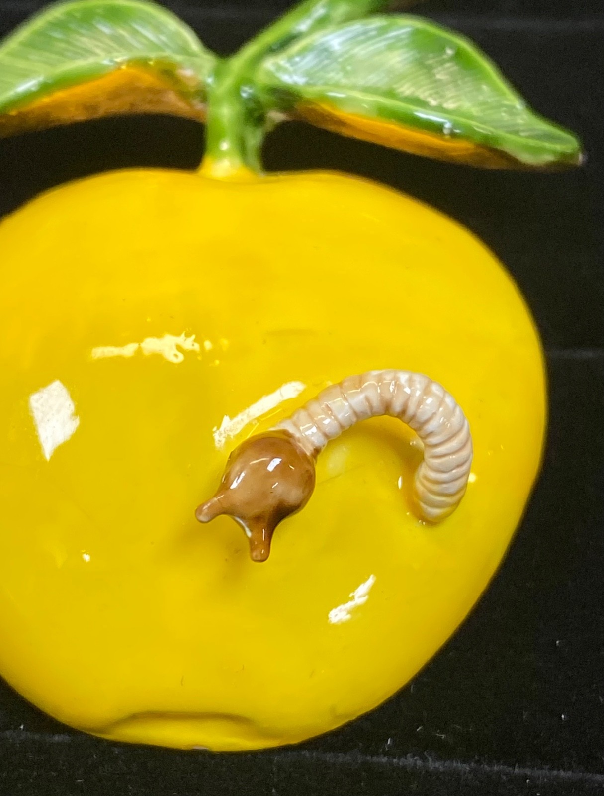 Vintage Brooch Pin Yellow Apple Worm 60s MCM Enamel Gold Tone Original By Robert