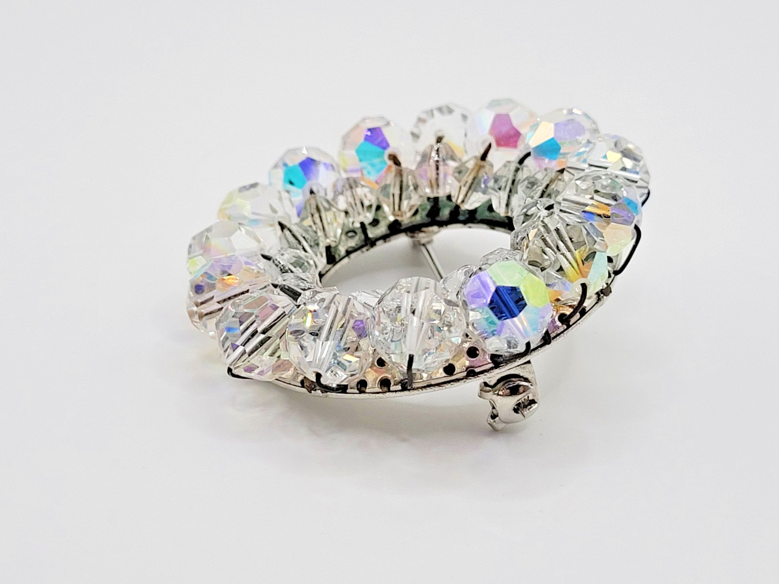 Sparkling Vintage Brooch Aurora Borealis Oval Beaded Glass Rhinestone 1950s