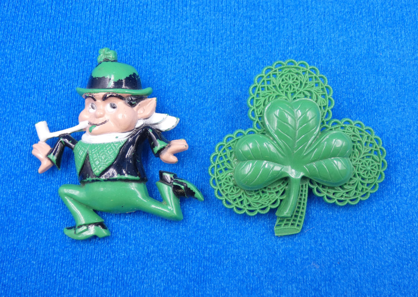 2 Vintage 1960’s Irish Clover & Leprechaun ~ St. Patrick’s Day Plastic Pins