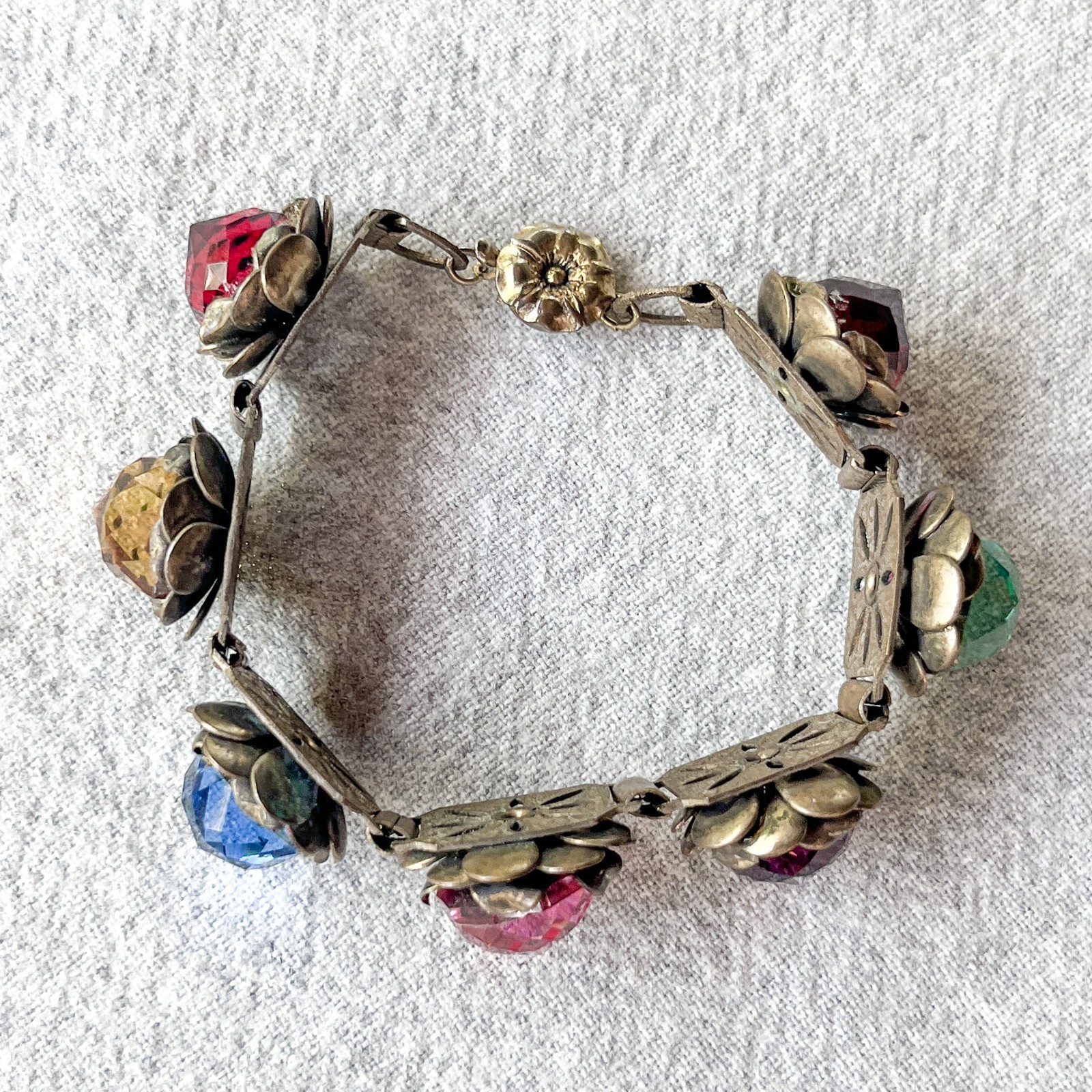 Vintage Art Glass Rainbow Bracelet Faceted Crystal Floral Brass Tone Czech Style