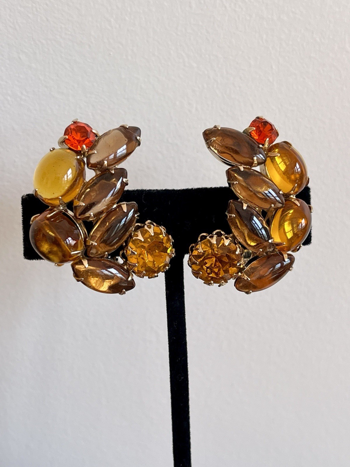 Vintage Rhinestone Earrings Brown Fall Colors Cupcake Setting Open Back