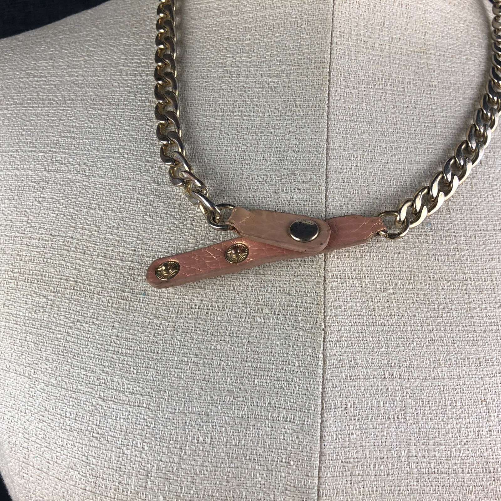 FANTASTIC Vintage Leather Rhinestone Chain Link Dog Collar 90s Rock Gothic 22″