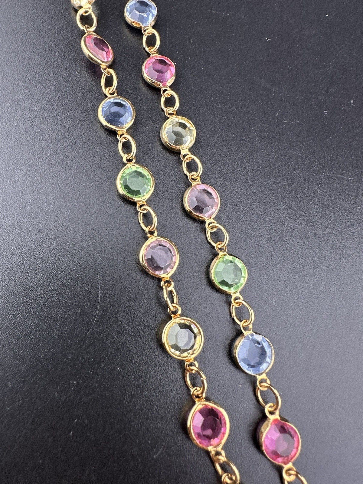 Rafaelian Vintage Long Necklace Open Bezel Austrian Crystal USA Multi-Color 30”
