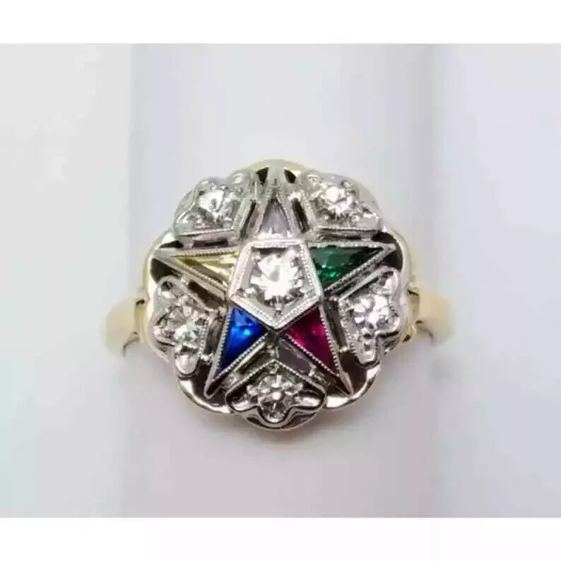Eastern Star Multi-Color Lab Created Diamond 14K Gold FN Art Deco Wedding Ring