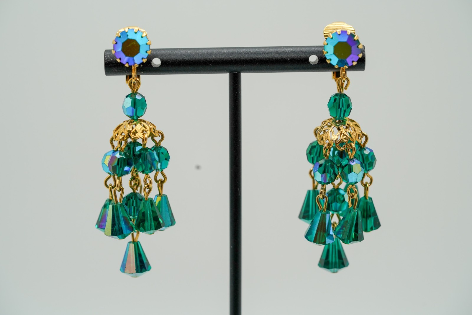 Vintage Green Blue Iridescent Chandelier Dangle Earrings 5.7cm EB1