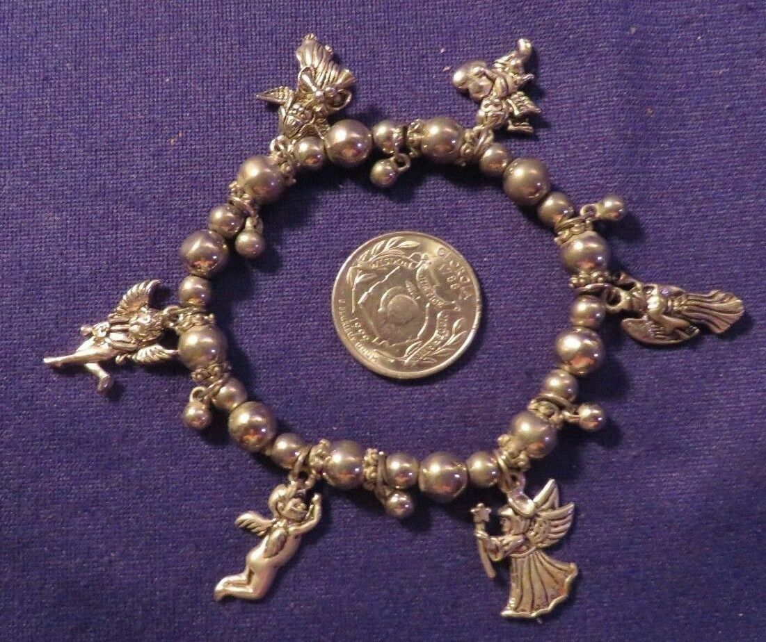 Vintage Silvertone GUARDIAN ANGEL Stretchy Charm Bracelet CUTE