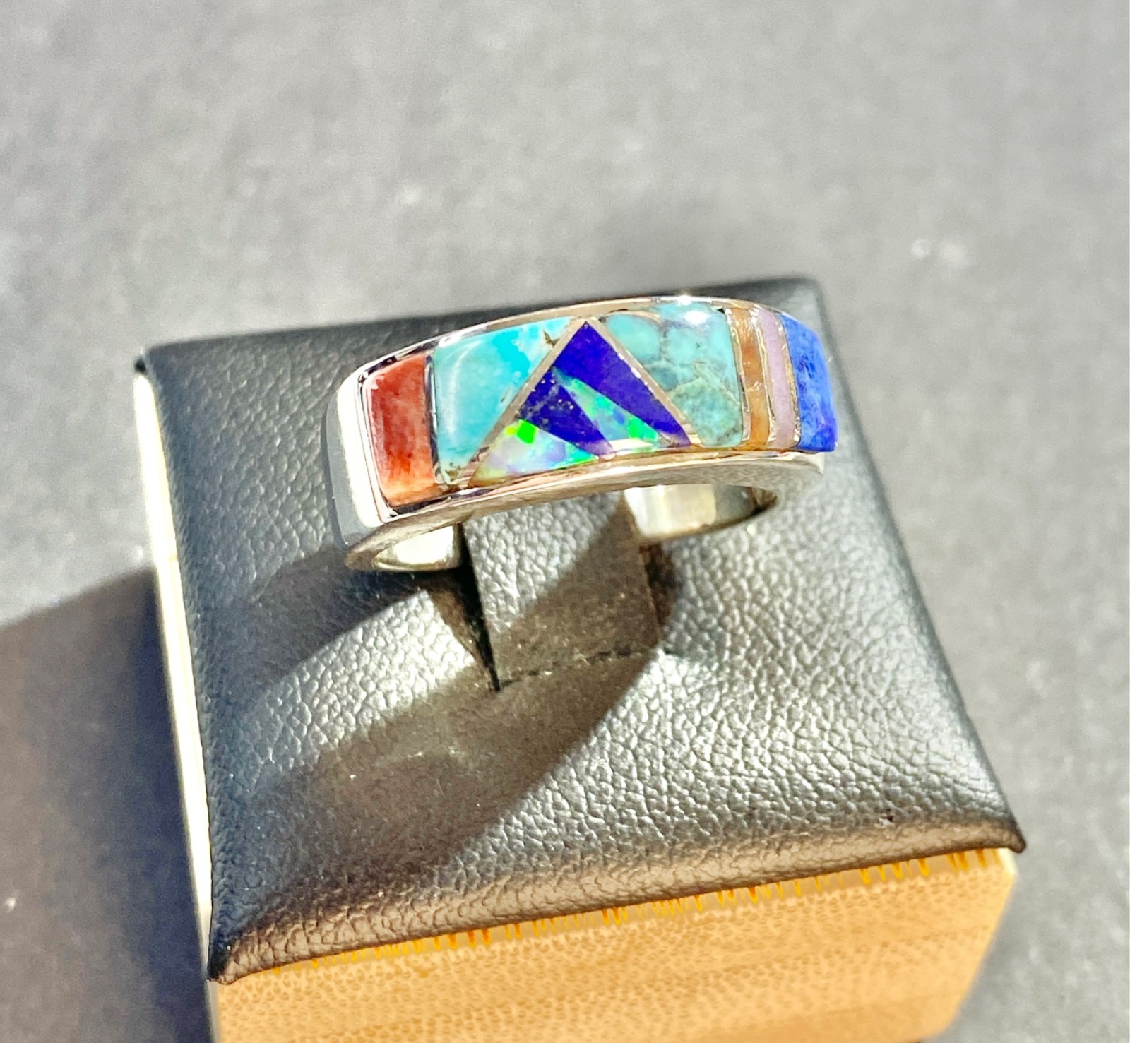 Vintage Sterling Navajo Earl Plummer Multi-Stone Channel Inlay Ring Size 7.5