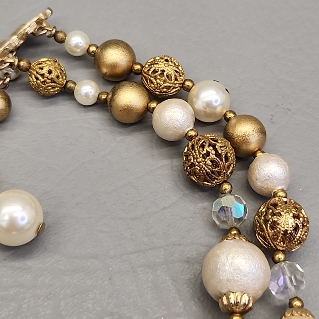 Vintage Beaded Necklace AB Cream Gold Tone Filigree Balls Layered 16″