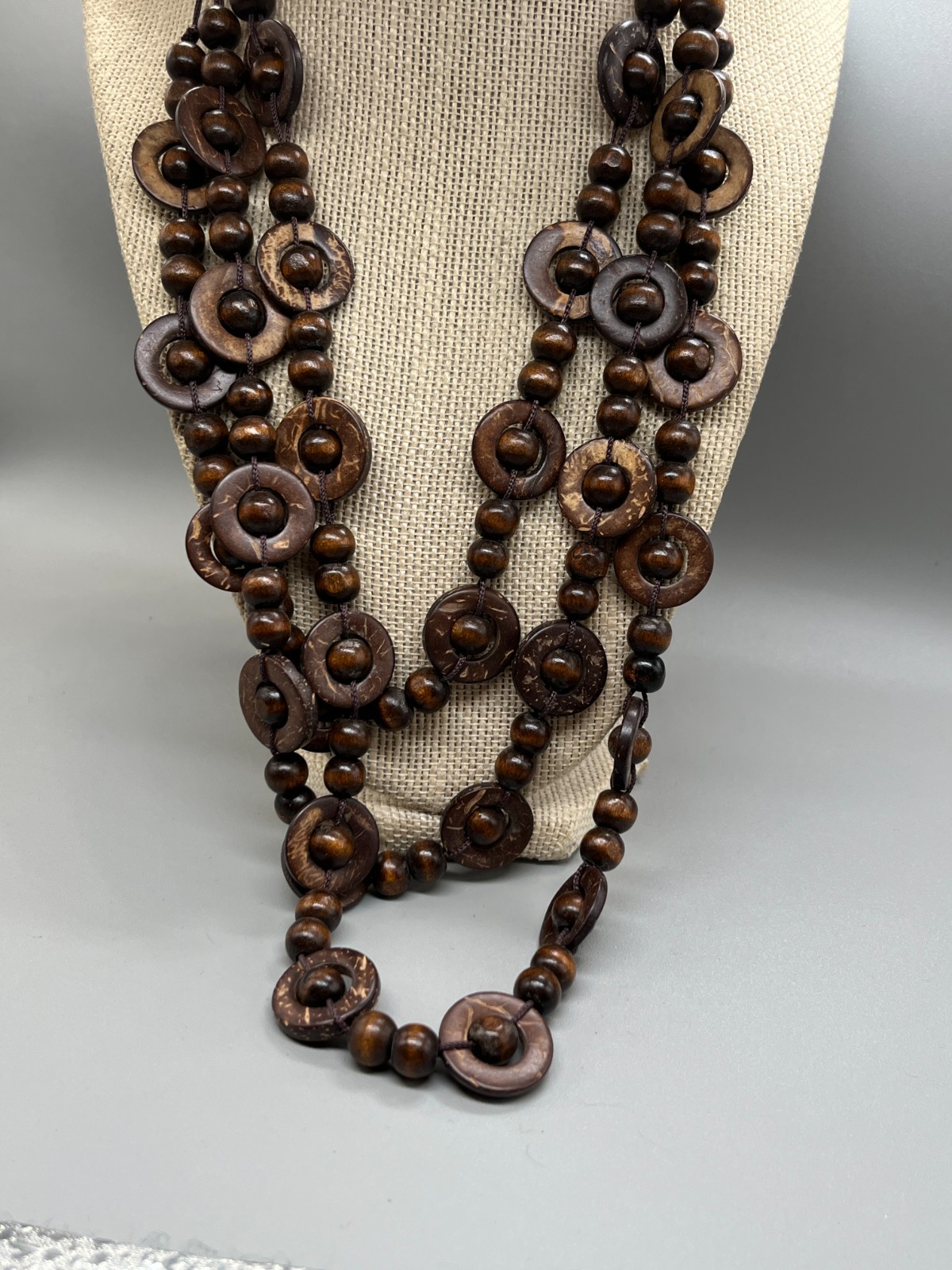 Bohemian Boho Wooden Flat Circle Link with Bead 3 Strand Necklace