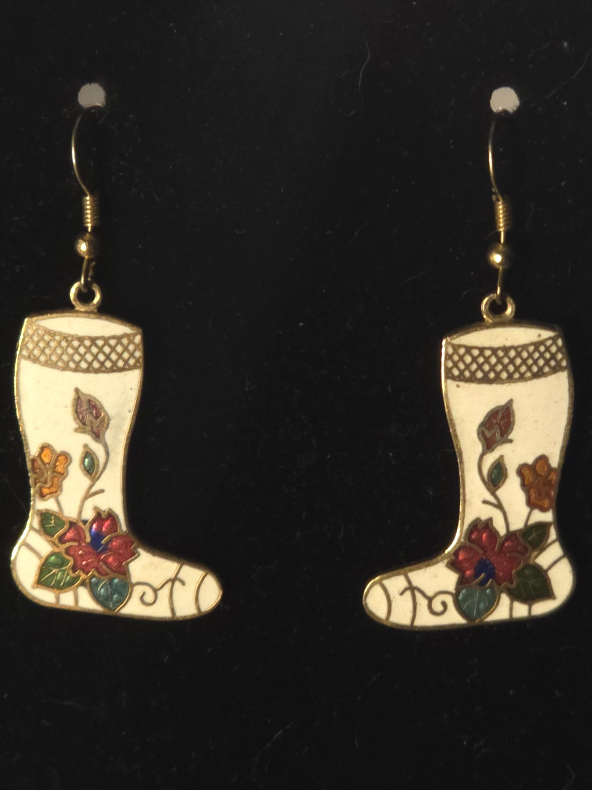 Vintage cloisonne white socks flower enamel gold tone earrings 39×21 mm