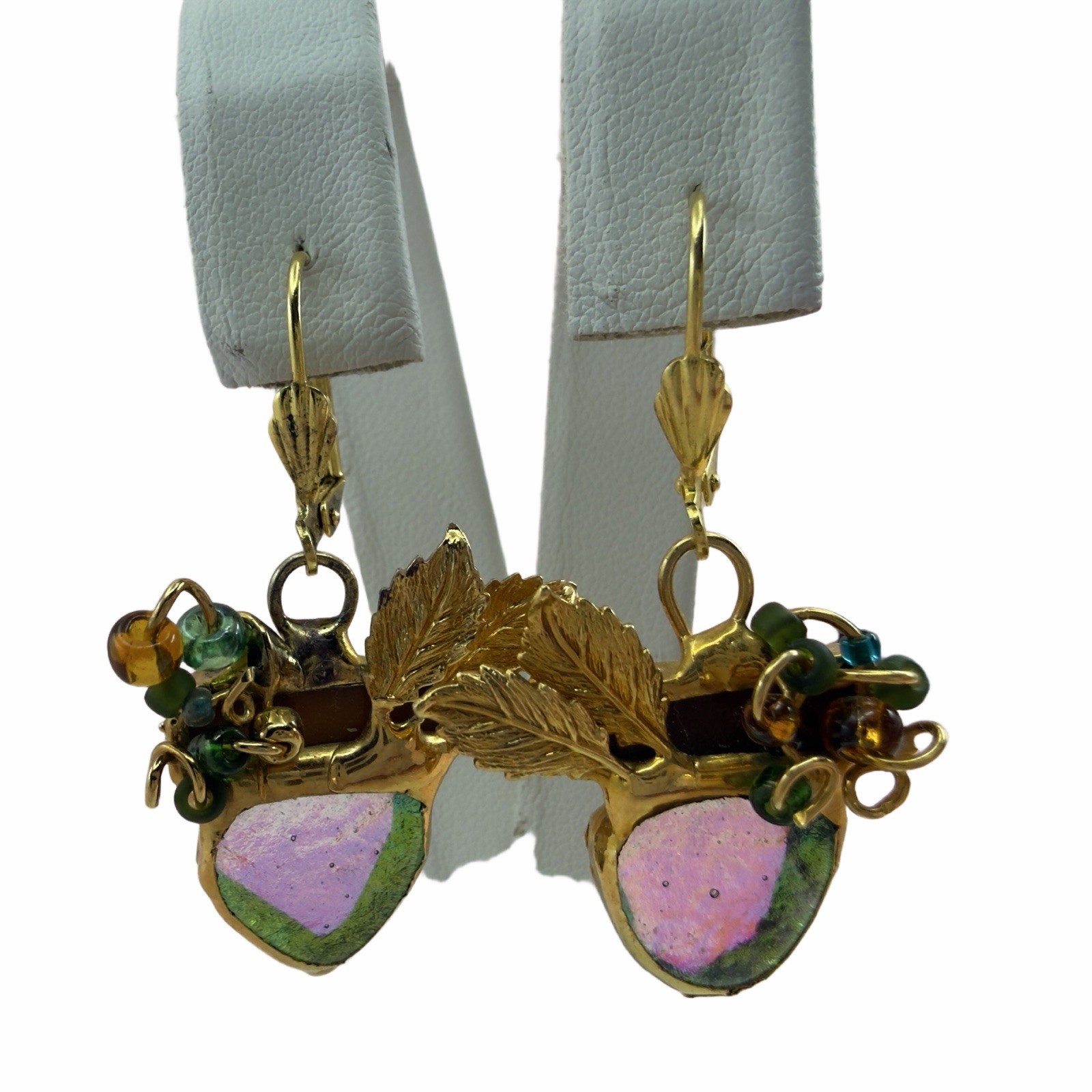 Vintage ARTISAN▪️ Modernist Dichroic Fused Glass Leaf Dangle Earrings GOLD Bead