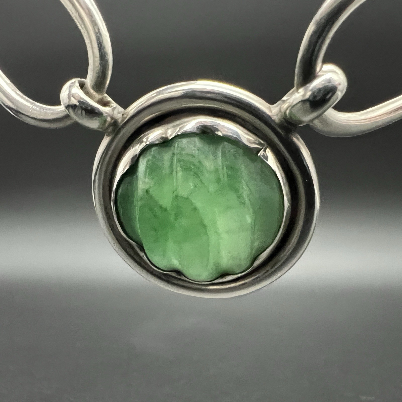Vintage Carved Green Jade Modernist Sterling Silver Choker Collar Necklace 44g