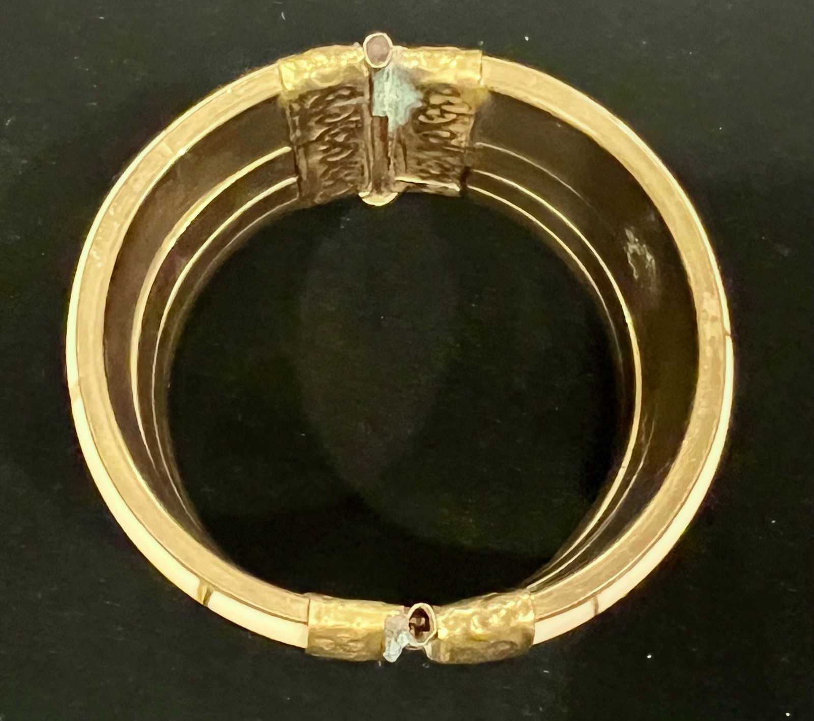 Vintage Wide Bovine Bone & Brass w/Pin Open Hinge Bangle Bracelet