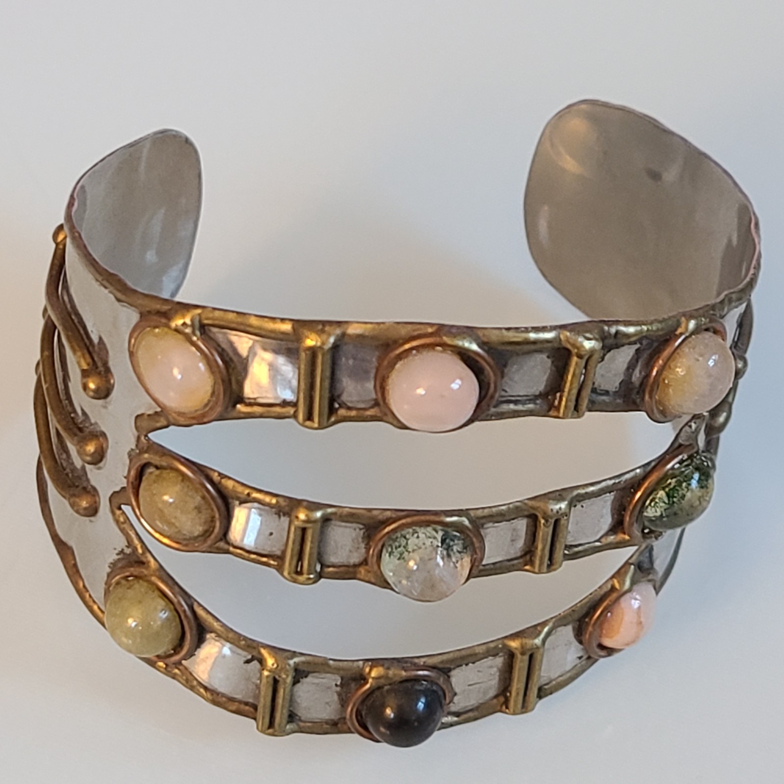 VTG Brutalist Mixed Metal Cuff Bracelet 2″ Wide Artisan Multi-Gem Statement