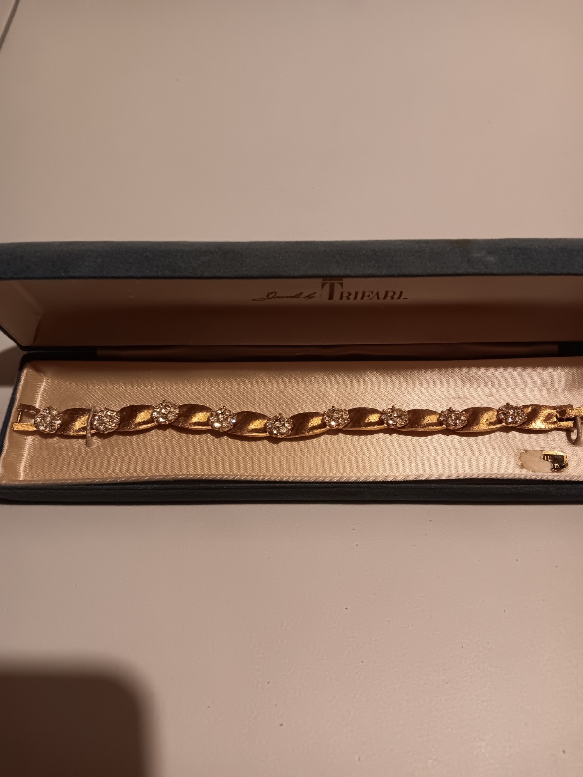 Vintage CROWN TRIFARI Birthday Ribbon Link Clear Rhinestone Bracelet-April!