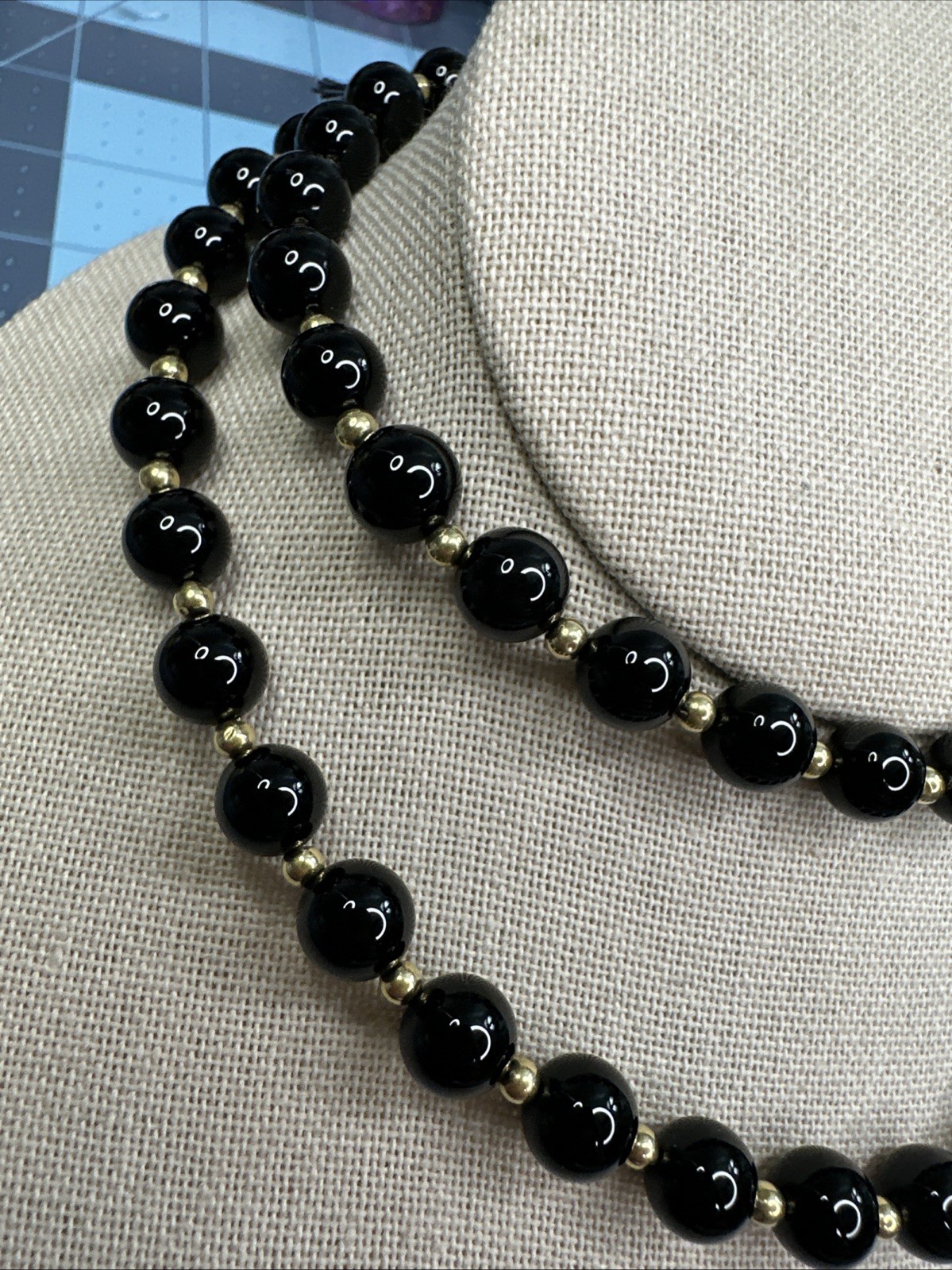 VINTAGE 1990’S 14K GOLD FILLED 8.4MM BLACK ONYX BEADS 26” NECKLACE Pullover J103