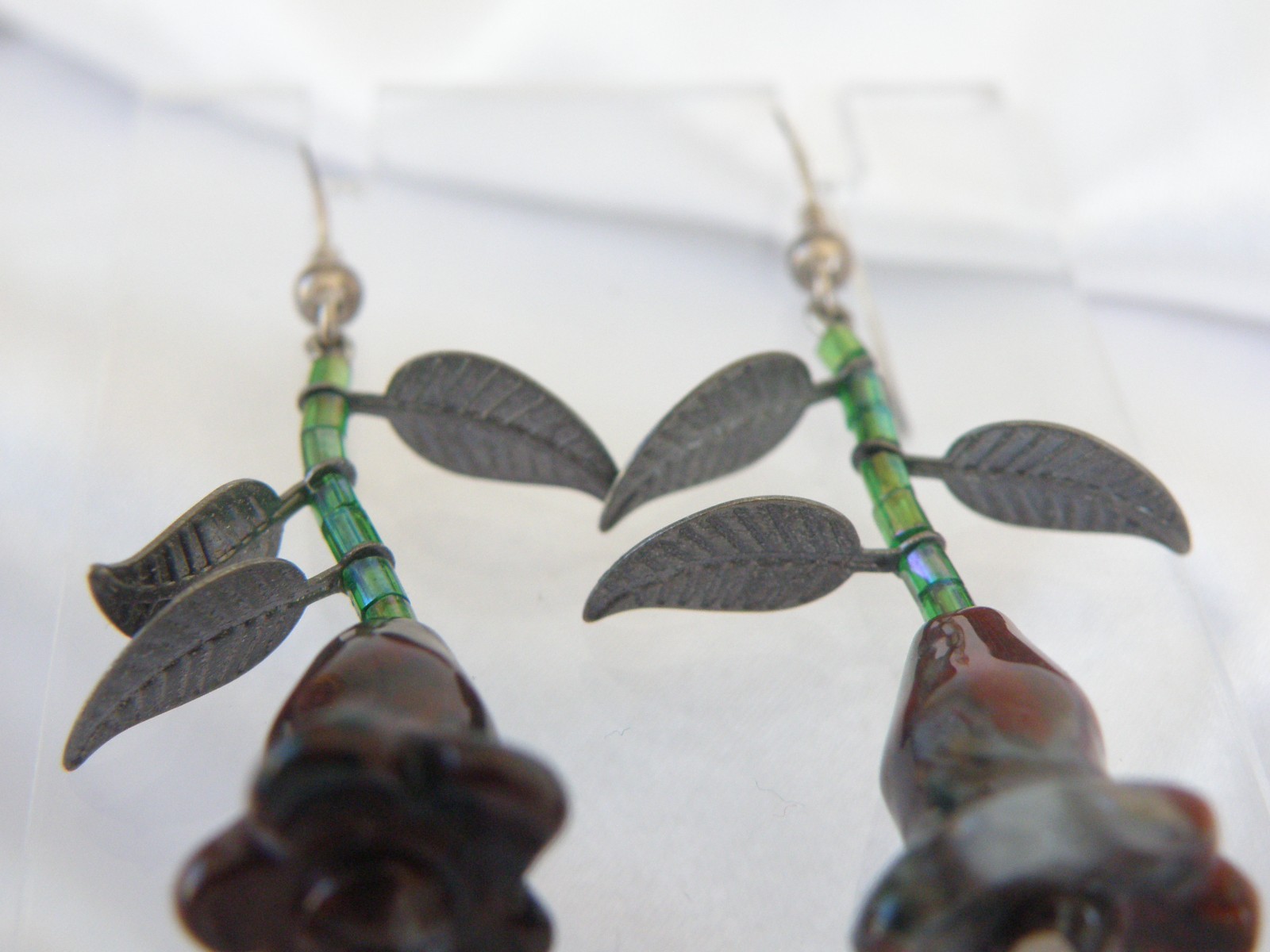 Vintage Sterling Silver 925 Artisan Tulip Flower Carved Stone Dangle Earrings