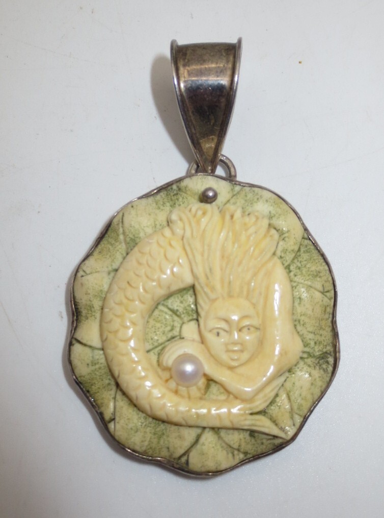 VINTAGE CARVED COW BONE & STERLING “MERMAID” PENDANT (2.5″)