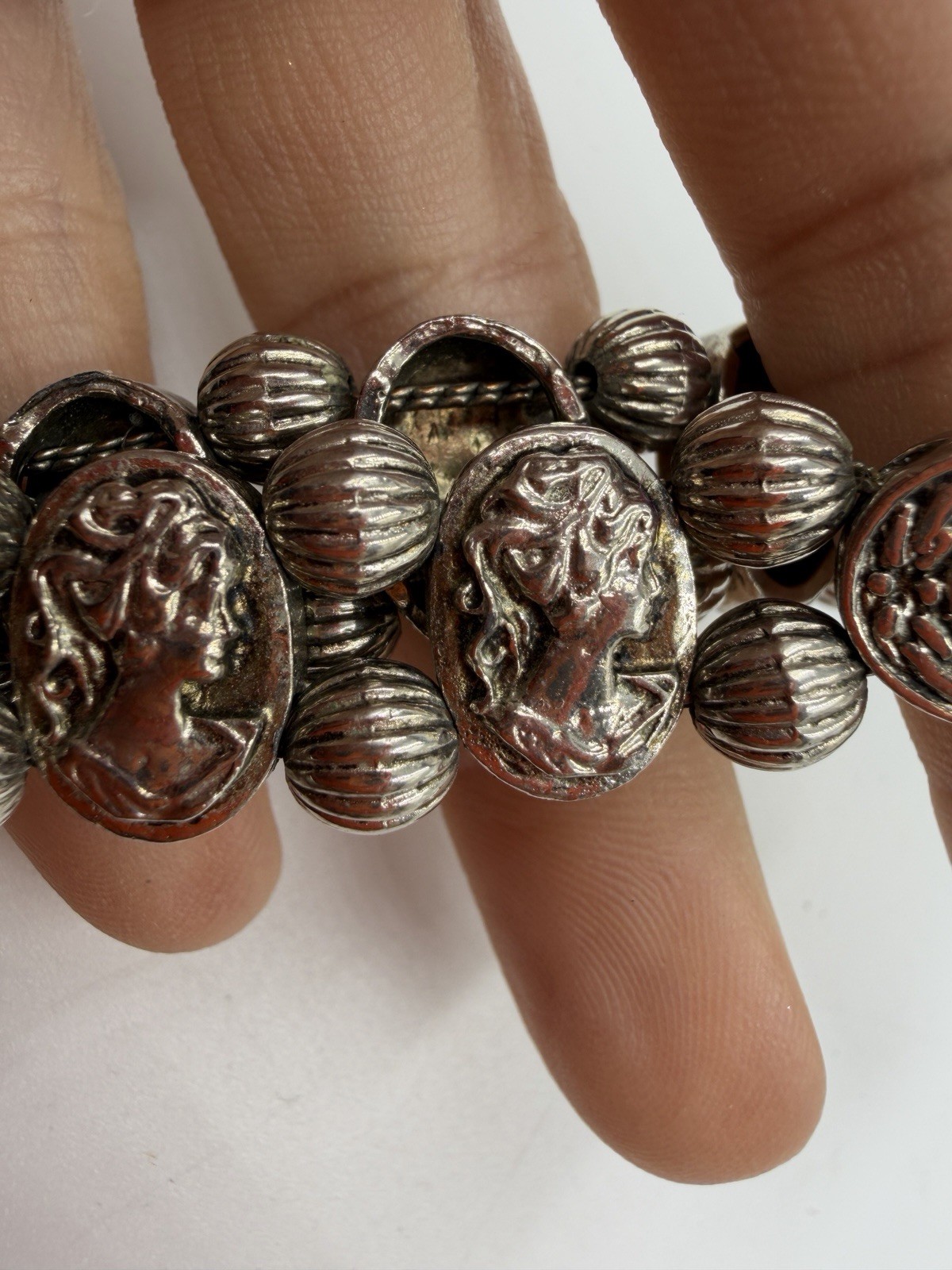 Vintage Bracelet Charm Slide Cameo Silvertone Melon Bead Wide 7.25 in