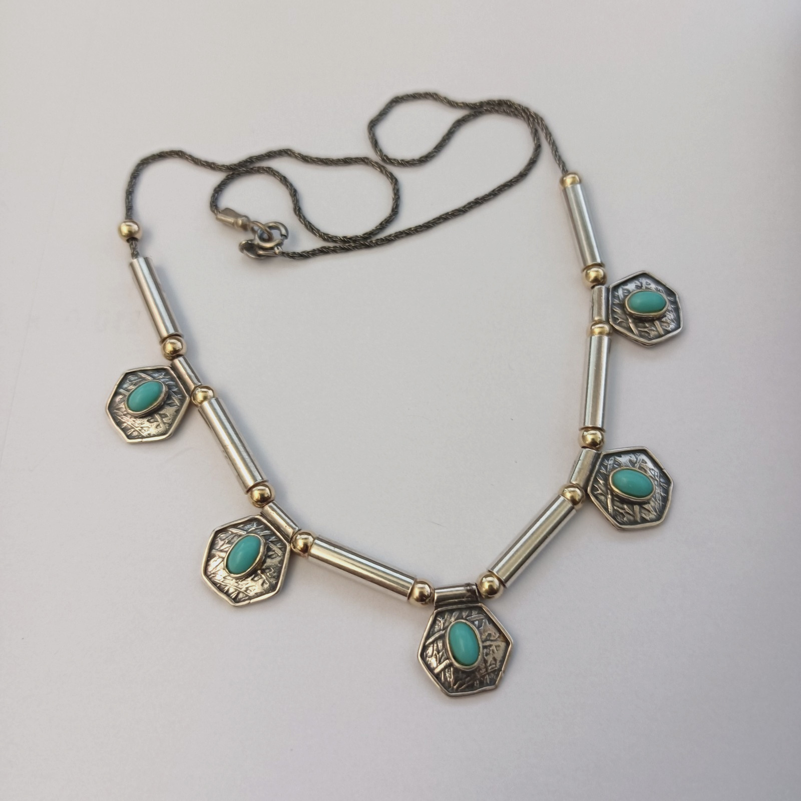 Vintage Artisan Necklace Sterling Silver 10k Gold Bead Geometric Drops Turquoise