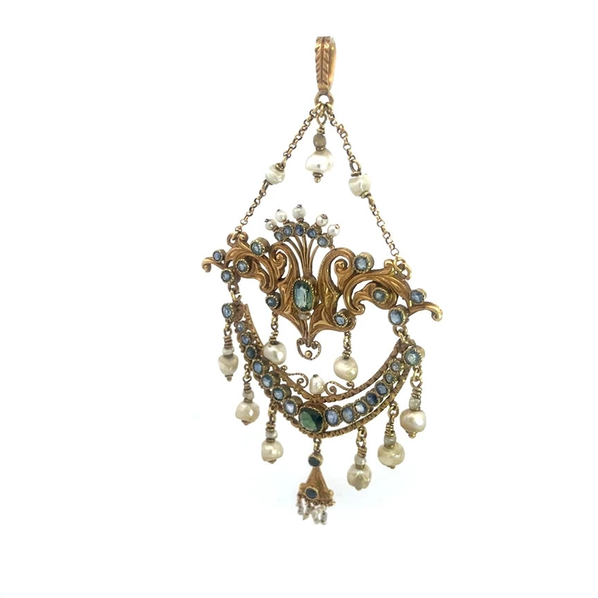 Victorian Gold & Gems Pendant 18k 17k Yellow Large Lavalier Style