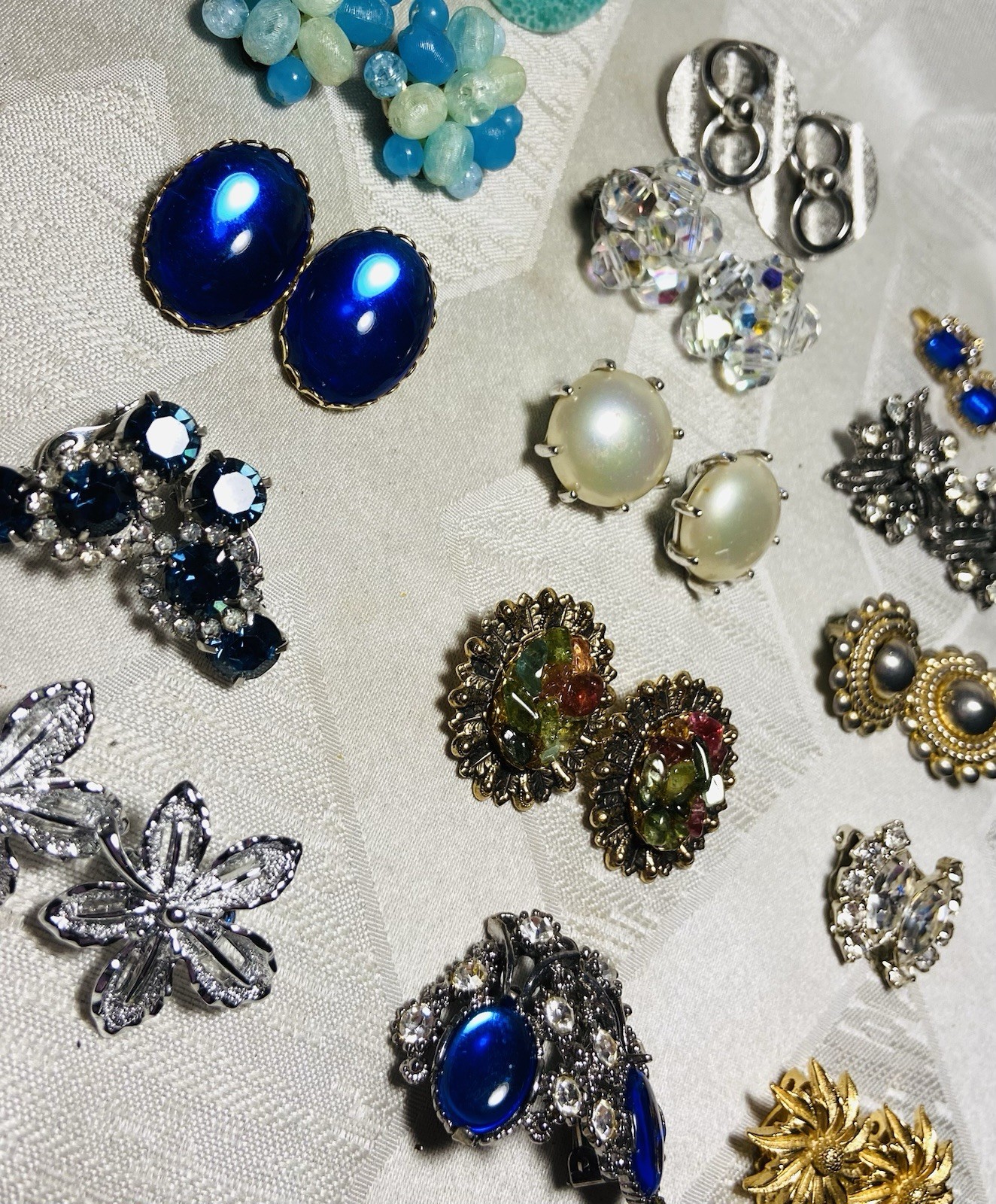 Vintage Earrings Lot 15 Pairs Clip On Screw Back Rhinestone Beaded Signed