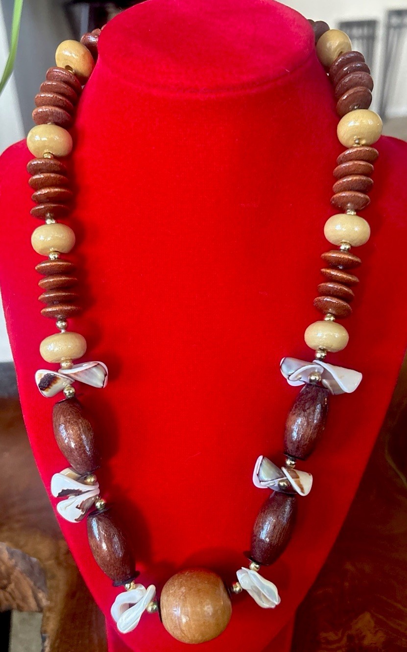 Vintage Unique Handmade Wooden & Shell Beaded Statement Necklace