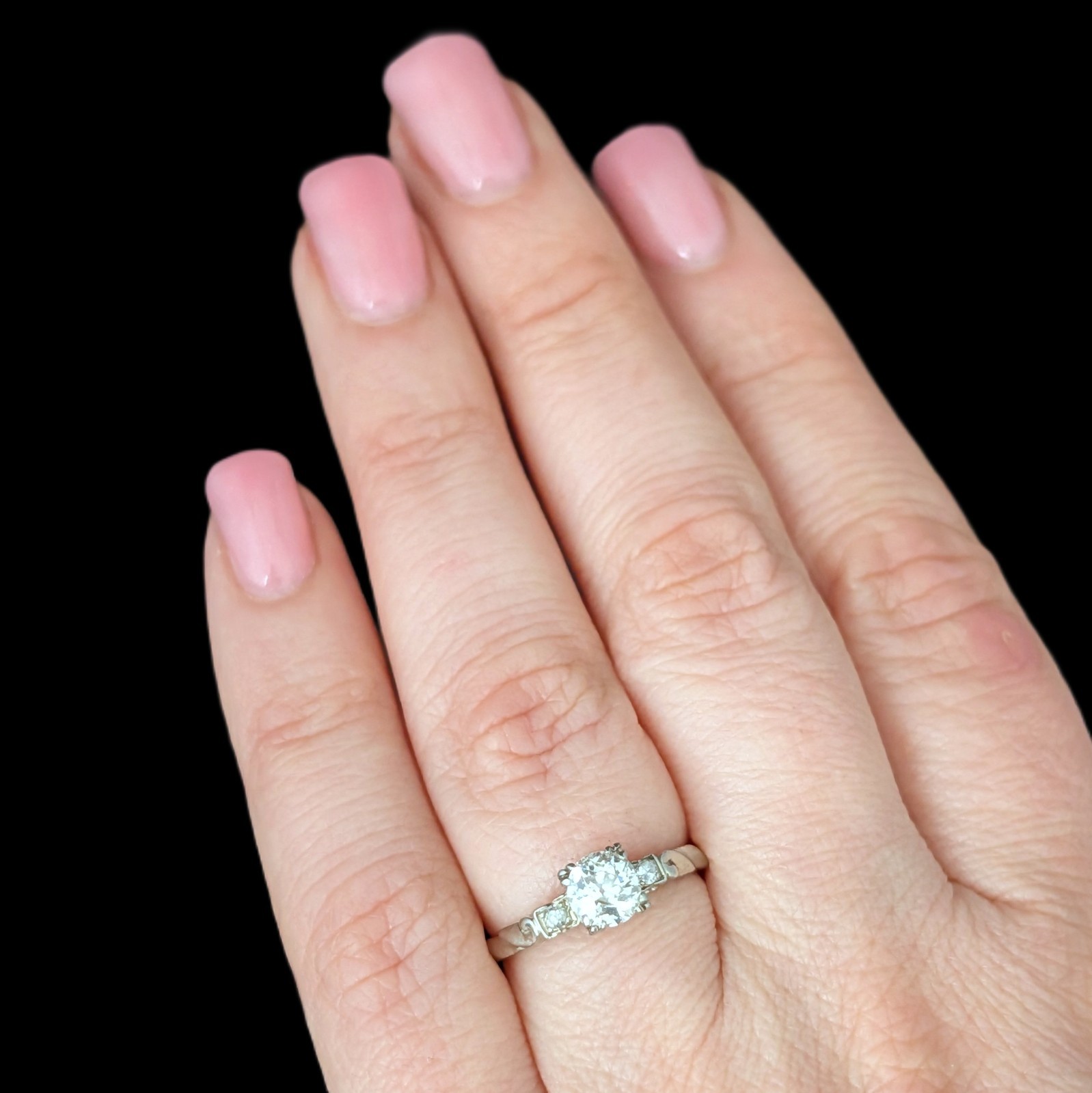 Vintage Old European Cut Diamond 14k White Gold Engagement Ring Estate Retro