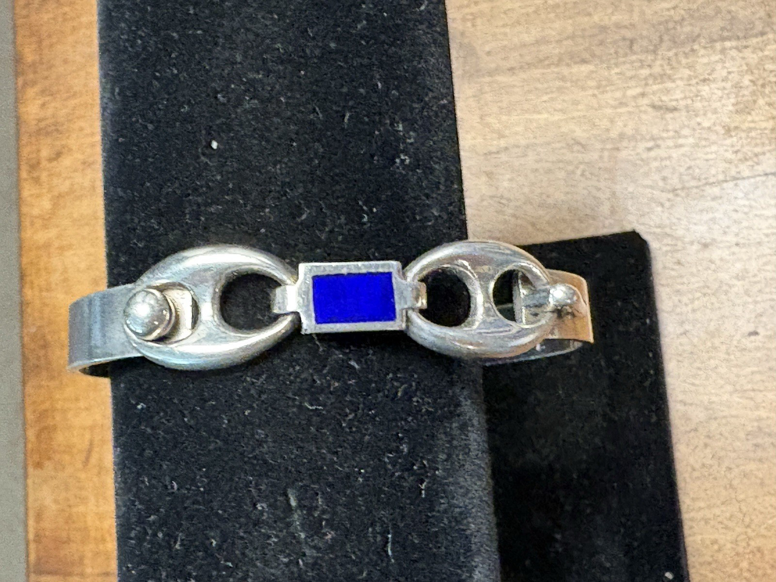 Vintage Sterling Silver and Lapis Inlay Bangle Bracelet 6 1/4 in 16 cm diameter