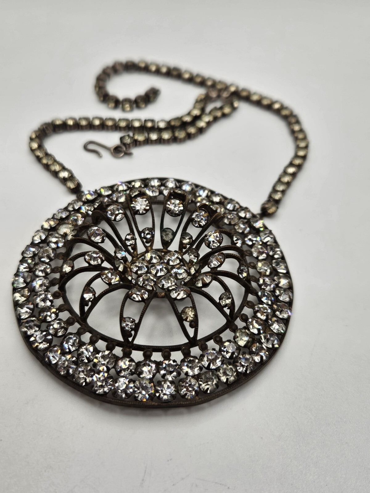 As Is Vintage Silver Tone Clear Rhinestones Ornate Pendant Collar Necklace