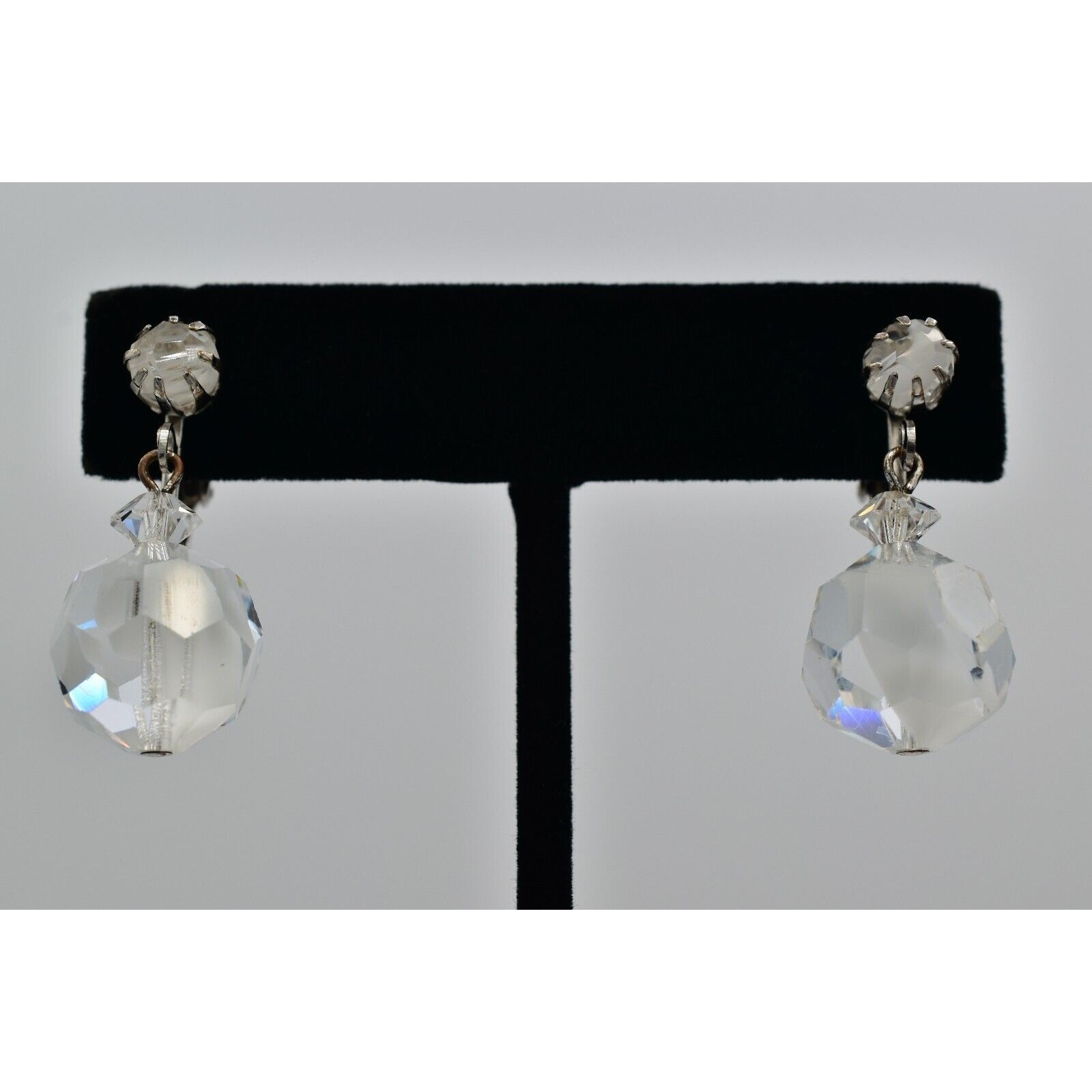 Vintage Crystal Clip On Earrings Silver Dangle Clear Ball Drop Glam 1950s A24