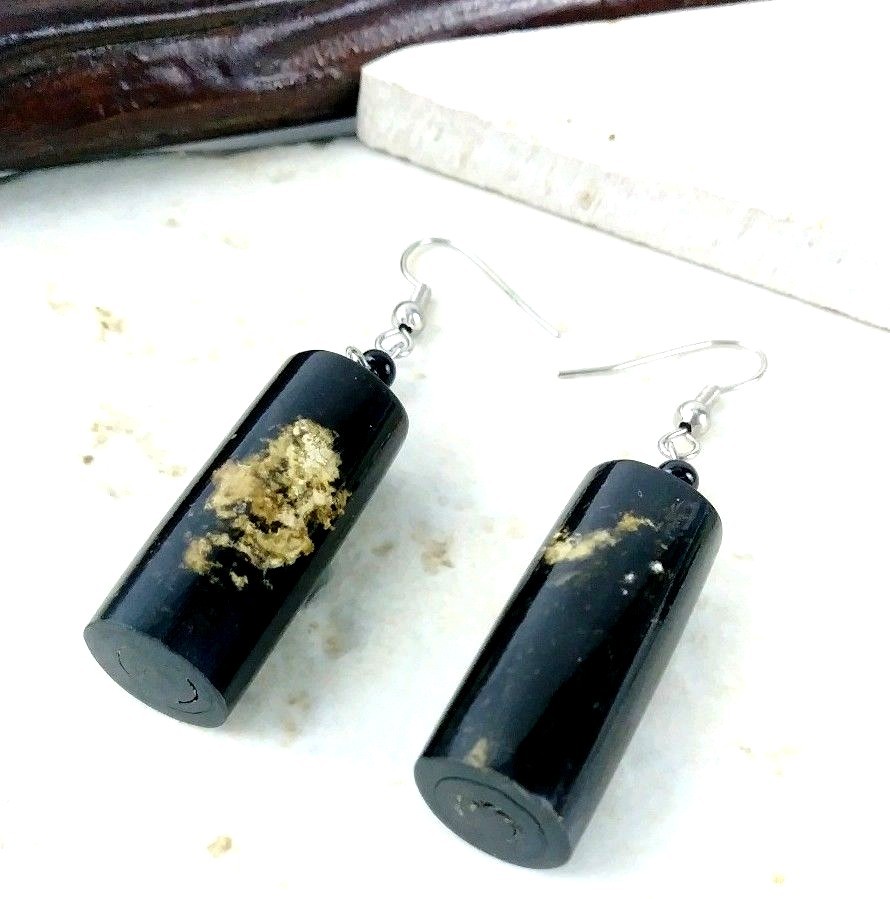 Black Coral Extra Large Vintage Earrings 1 cm Thick x 3 cm Long Hand Polished