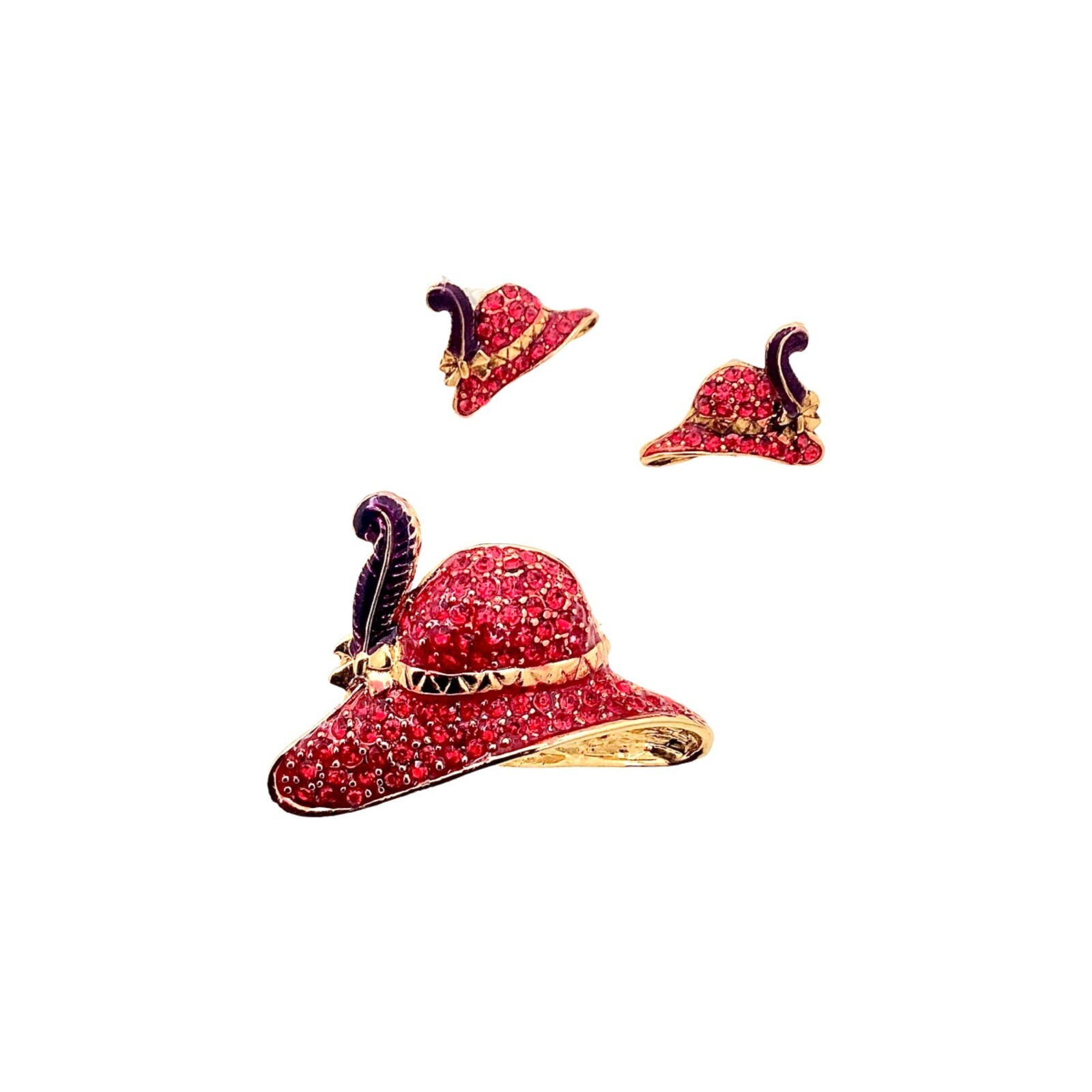 Vintage Red Hat Society Jewelry Set Brooch Earrings Pave Rhinestones Enamel 80s