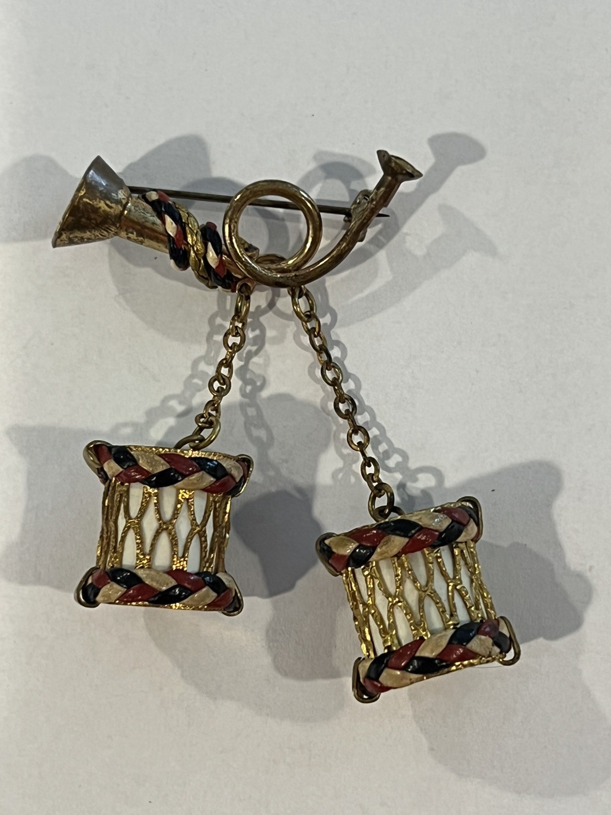 Vintage WW11 Drum & Bugle Sweetheart Pin Patriotic Red White Blue Leather Braid