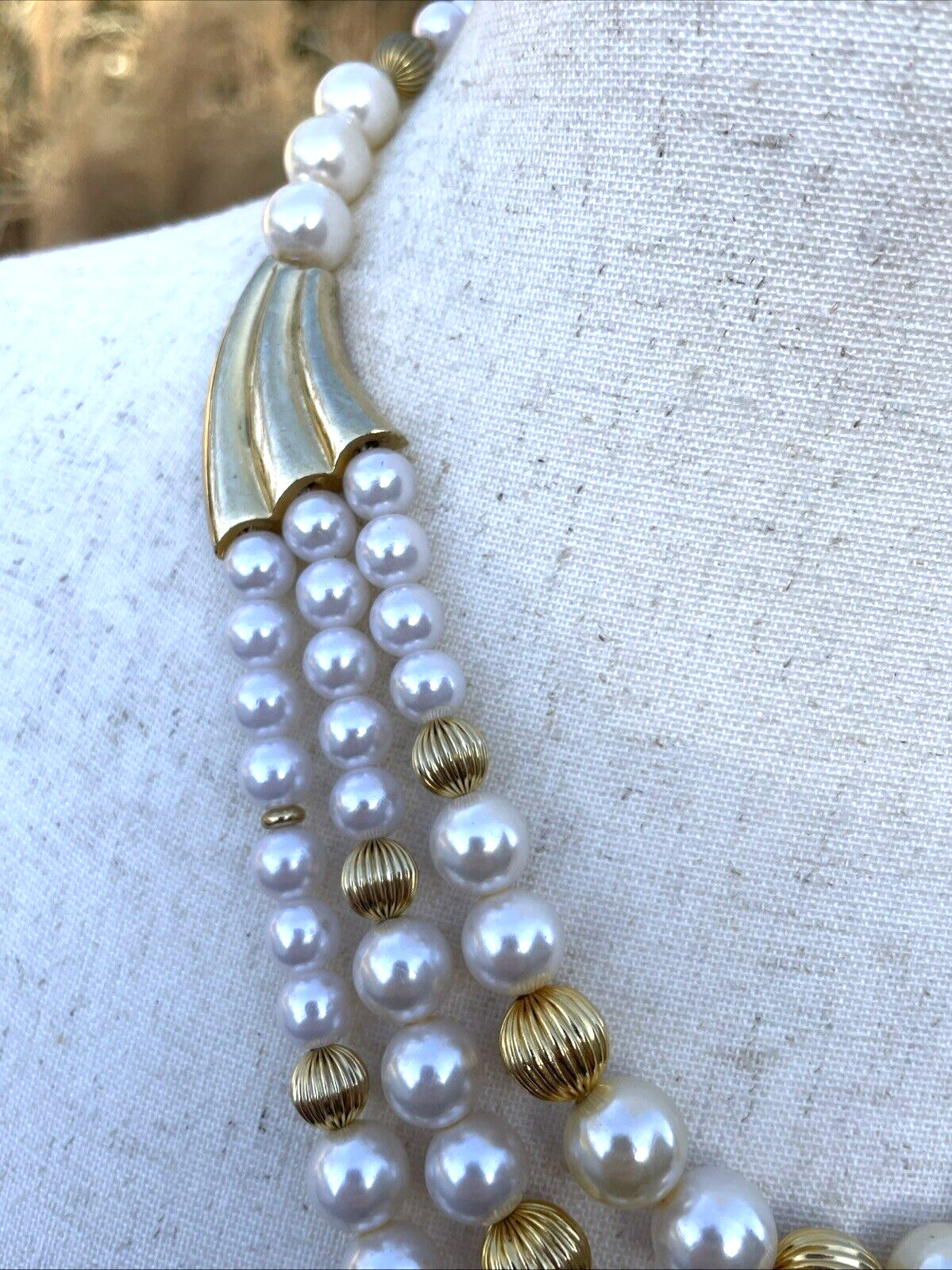 Vintage 1950’s Gold, White & Champagne Faux Pearls Bib Necklace