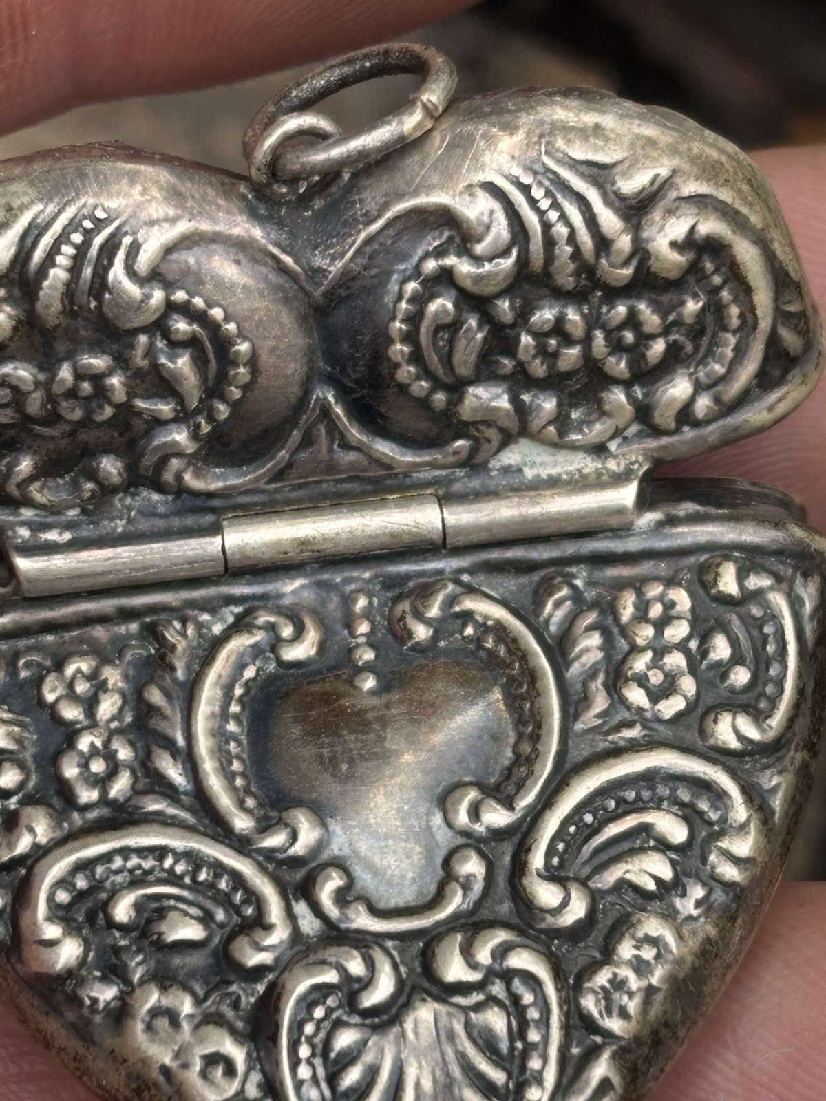 Sterling Silver Heart Repousse Victorian style Large box vintage Pendant 1900s