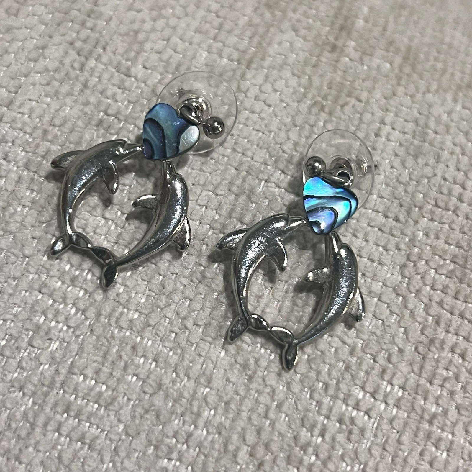 Vintage Weekenders Paua Shell Kissing Dolphins Heart Dangle Earrings Silver Tone