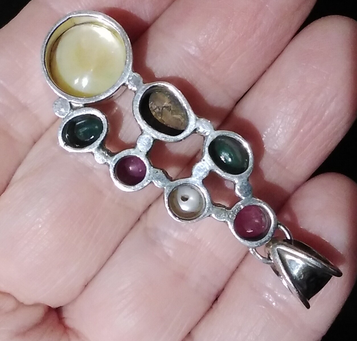 Unique Sterling Silver Opal Ruby Emerald Pearl One Of A Kind Pendant w Chain