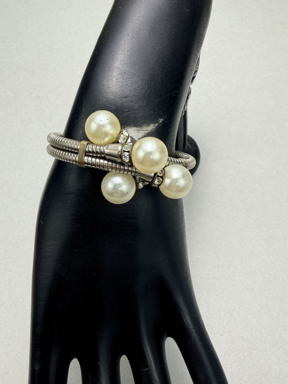 Pearl Rhinestone Wrap Bracelet Multi Strand Silver Tone Statement
