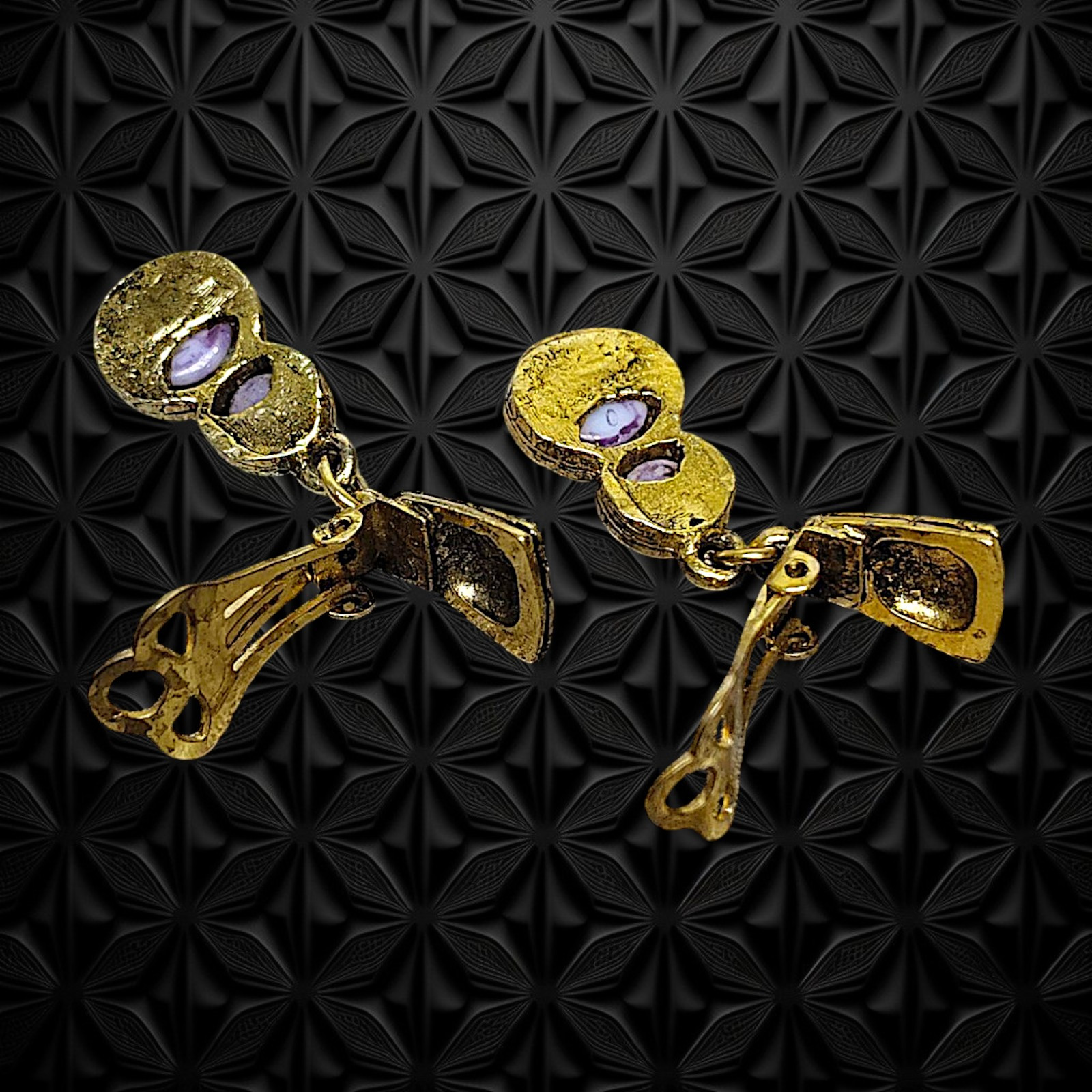 Vintage Gold-Tone Engraved Metal Black Outline With Two Purple Stones