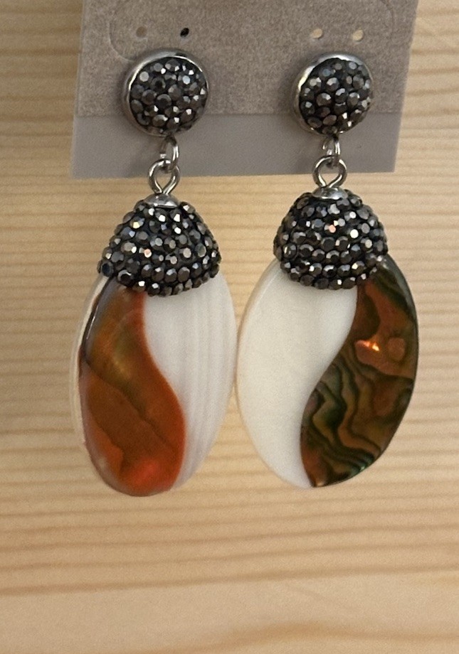 Fashion Earrings Black Pave Rhinestone Oval Amber Brown White Acrylic Boho Chic