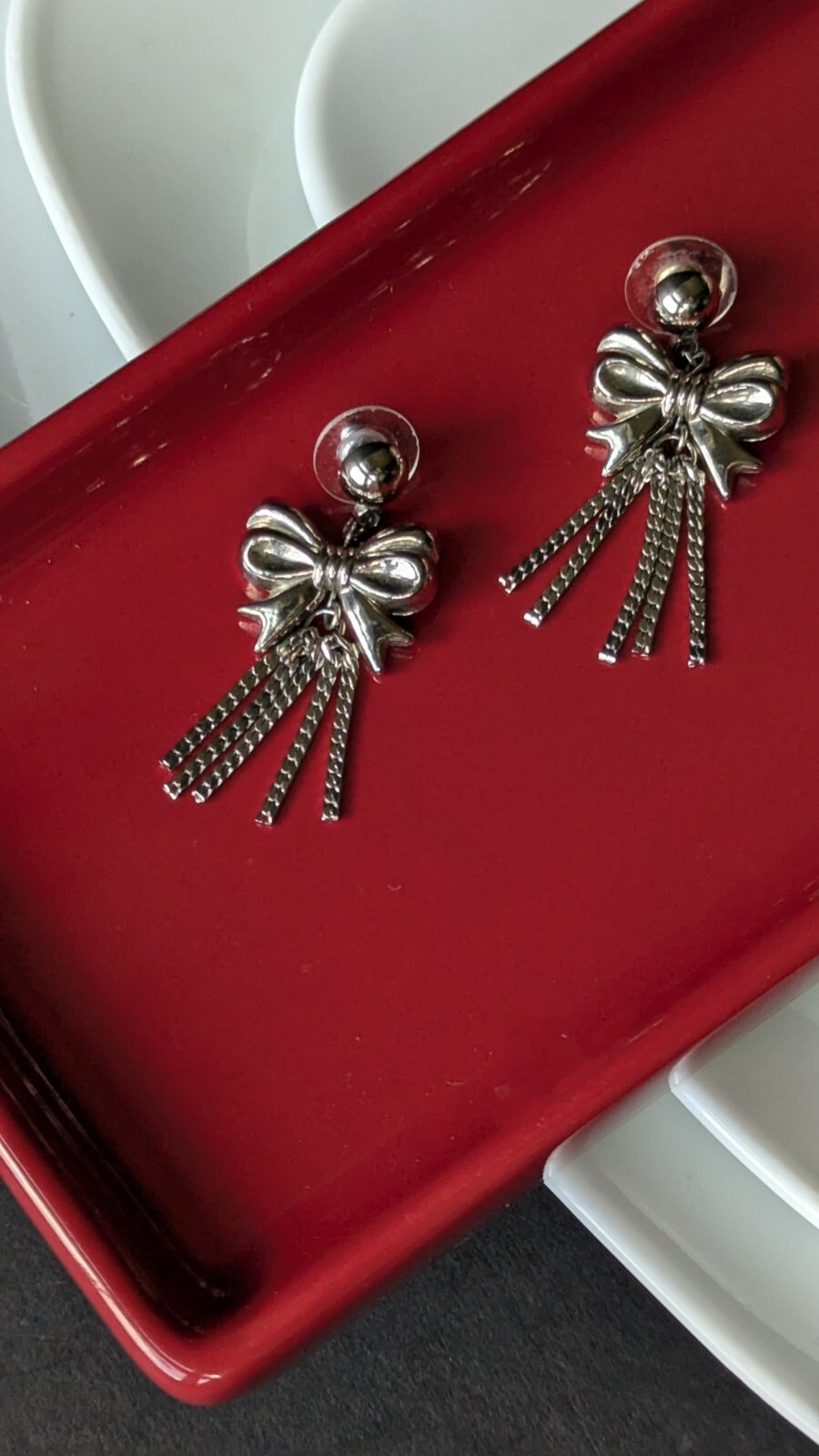 Vintage Silver Tone Ribbon Bow Tie Tassel Chain Charm Drop Stud Dangle Earrings
