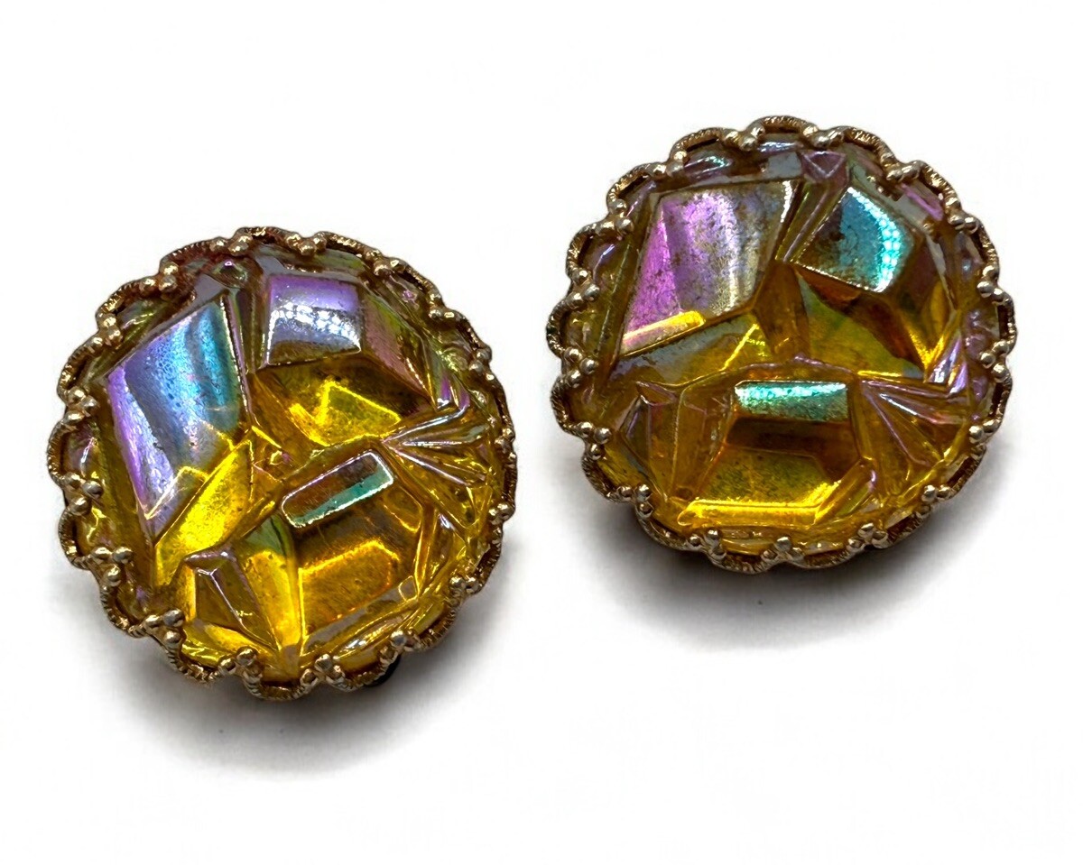 Vintage Western Germany Geode AB Glass Rhinestones Earrings Clip On