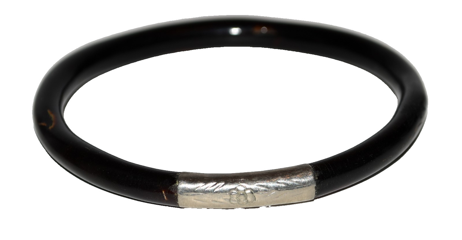 Vintage Hawaiian Black Coral with Engraved Silver Bangle Bracelet Size 8.5