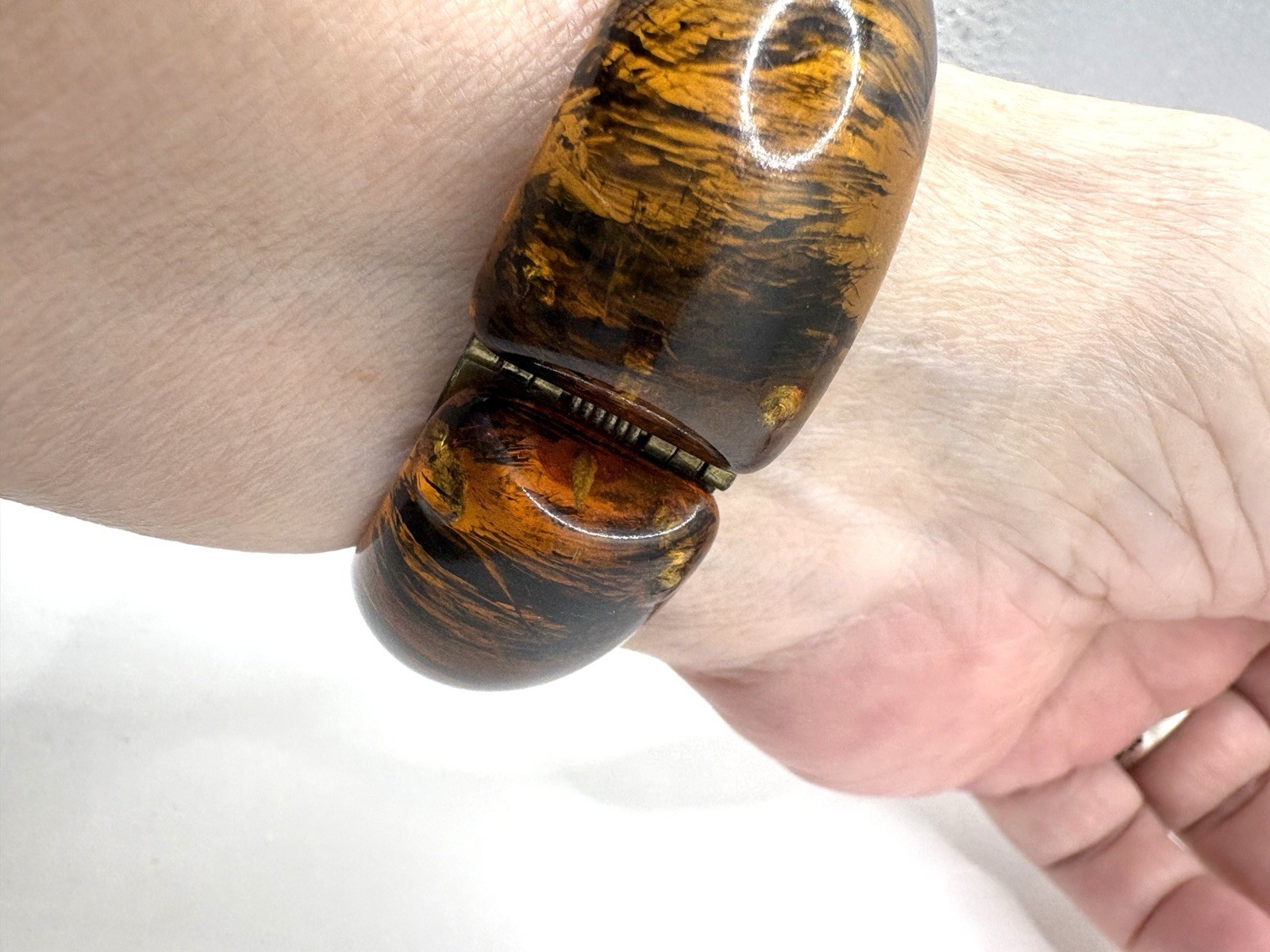 Rutilated Amber Resin Hinged Bypass Cuff Bracelet 6-6.5”