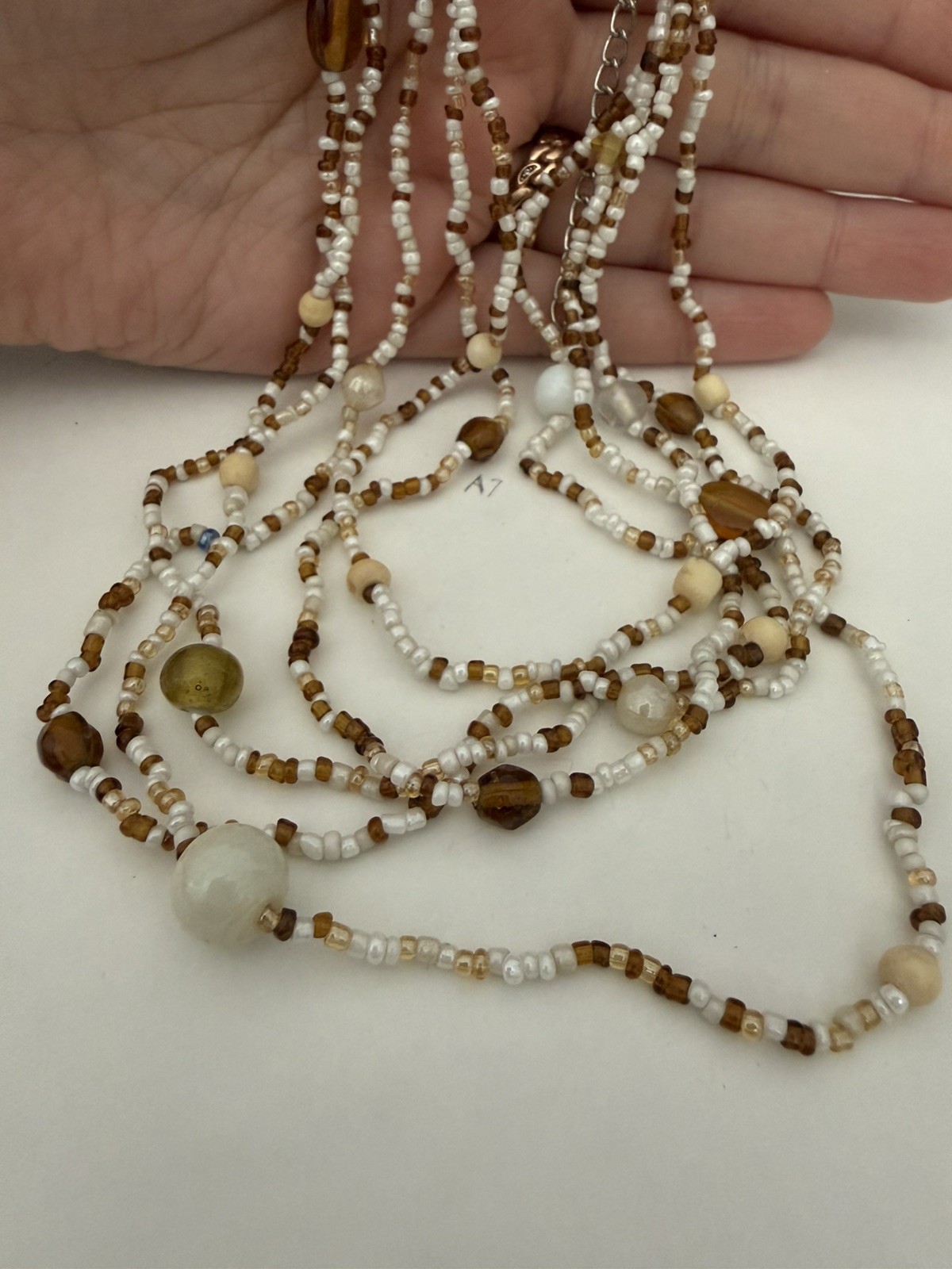 Vintage Multi-Strand Seed Bead Necklace Brown White Glass Beads Boho Layered