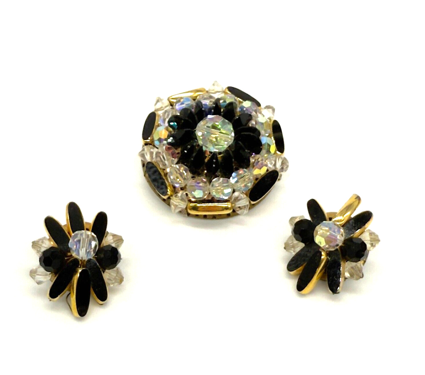 Vintage Brooch Earrings Black and AB Acrylic Beads Black Enamel
