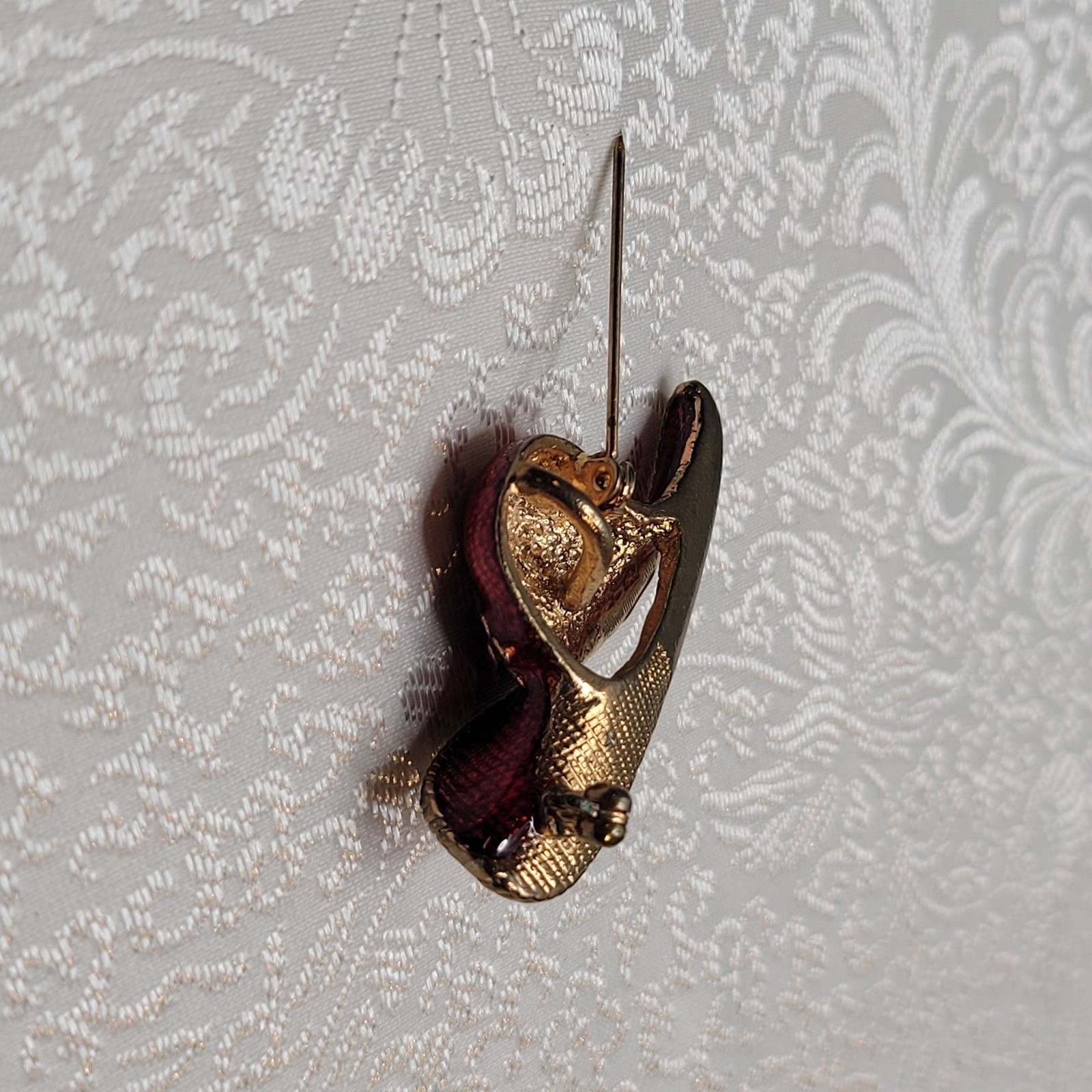 Vintage Gold Ruby Red Hat Society Brooch Enamel Floral Pendant Gift