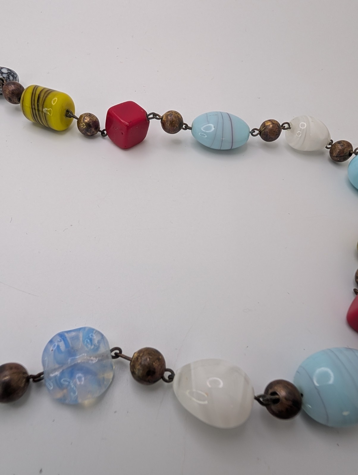 VTG Colorful Glass Metal & PlasticBead Necklace Painted Bronze Swirls Long